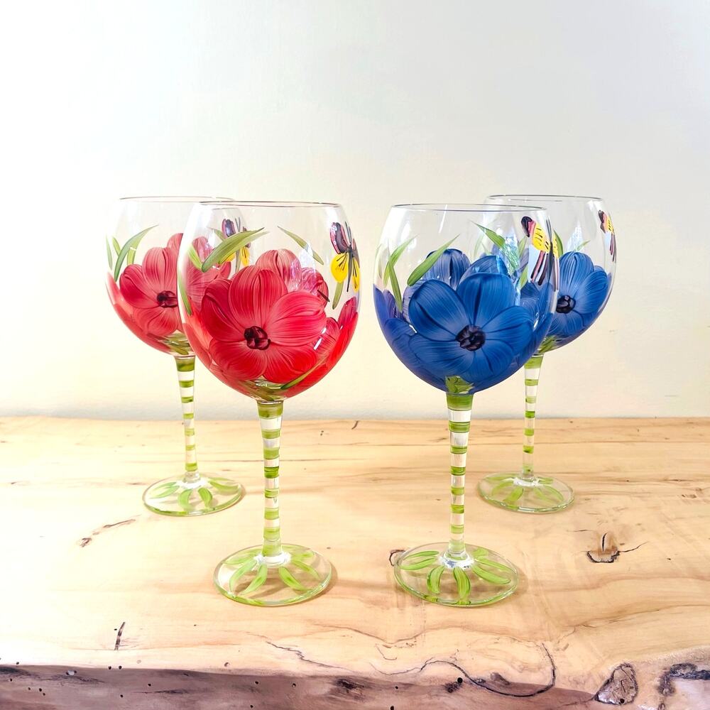4 Vintage Wine Glasses Hand-Painted Flower Butterfly Water Goblets Floral Glass
